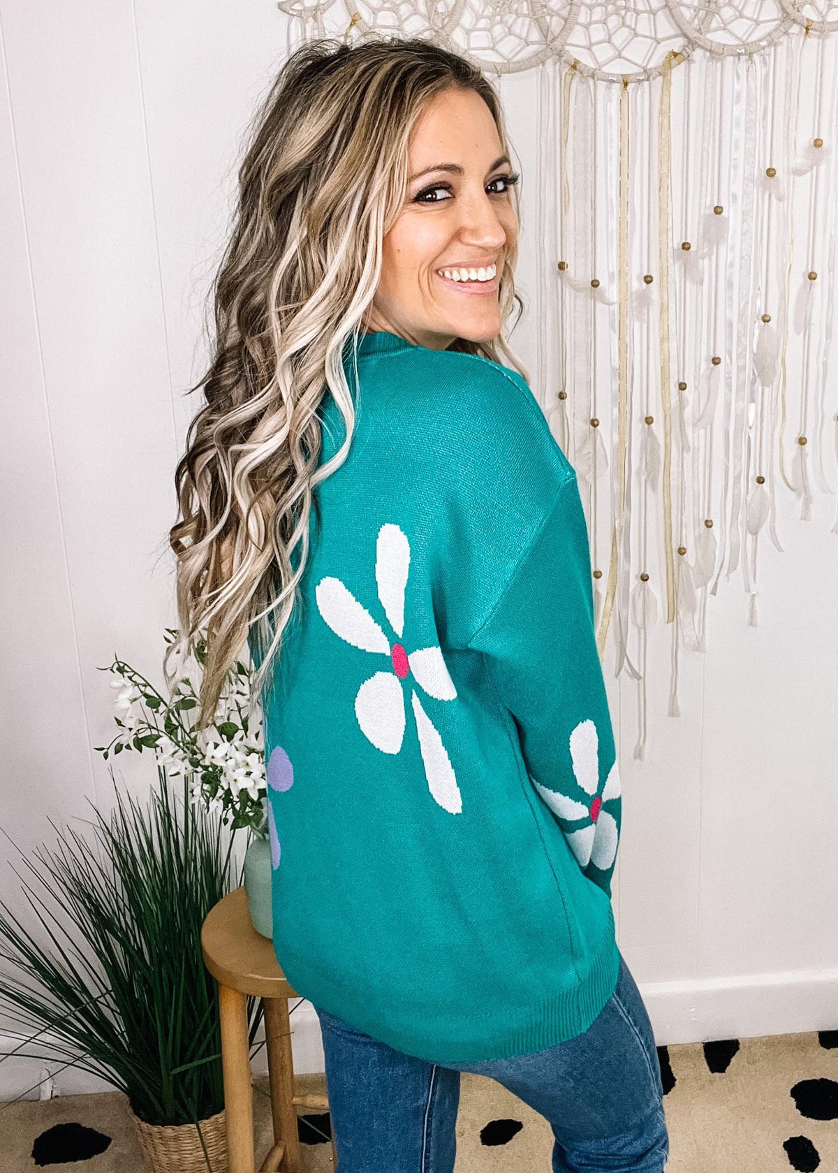 Turquoise Daisy Oversized Pullover Sweater