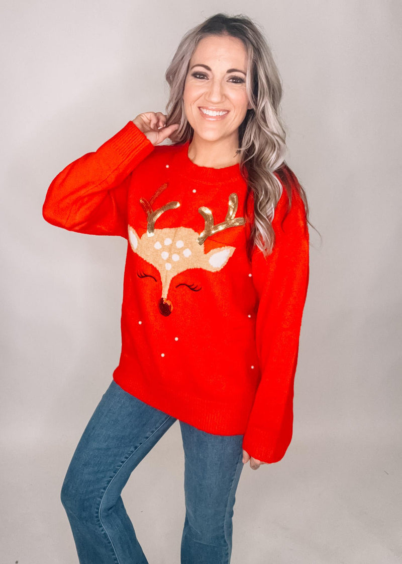 Reindeer Sequin Sweater with Pearl Details
