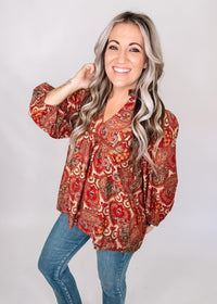 Red and Gold Mix Print Top
