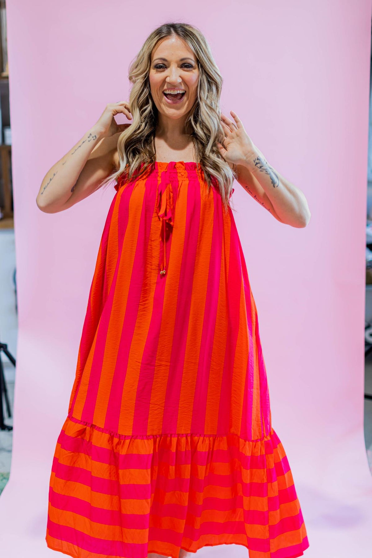 Fuchsia and Orange Stripe Maxi Dress