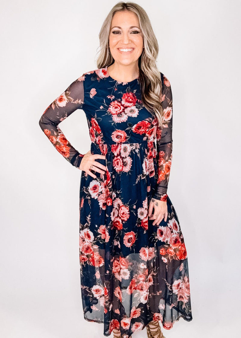 Navy Floral Mesh Long Sleeve Maxi Dress