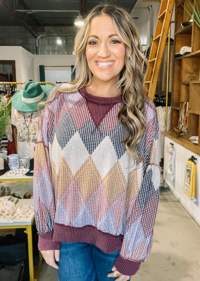 Plum Argyle Oversized Top