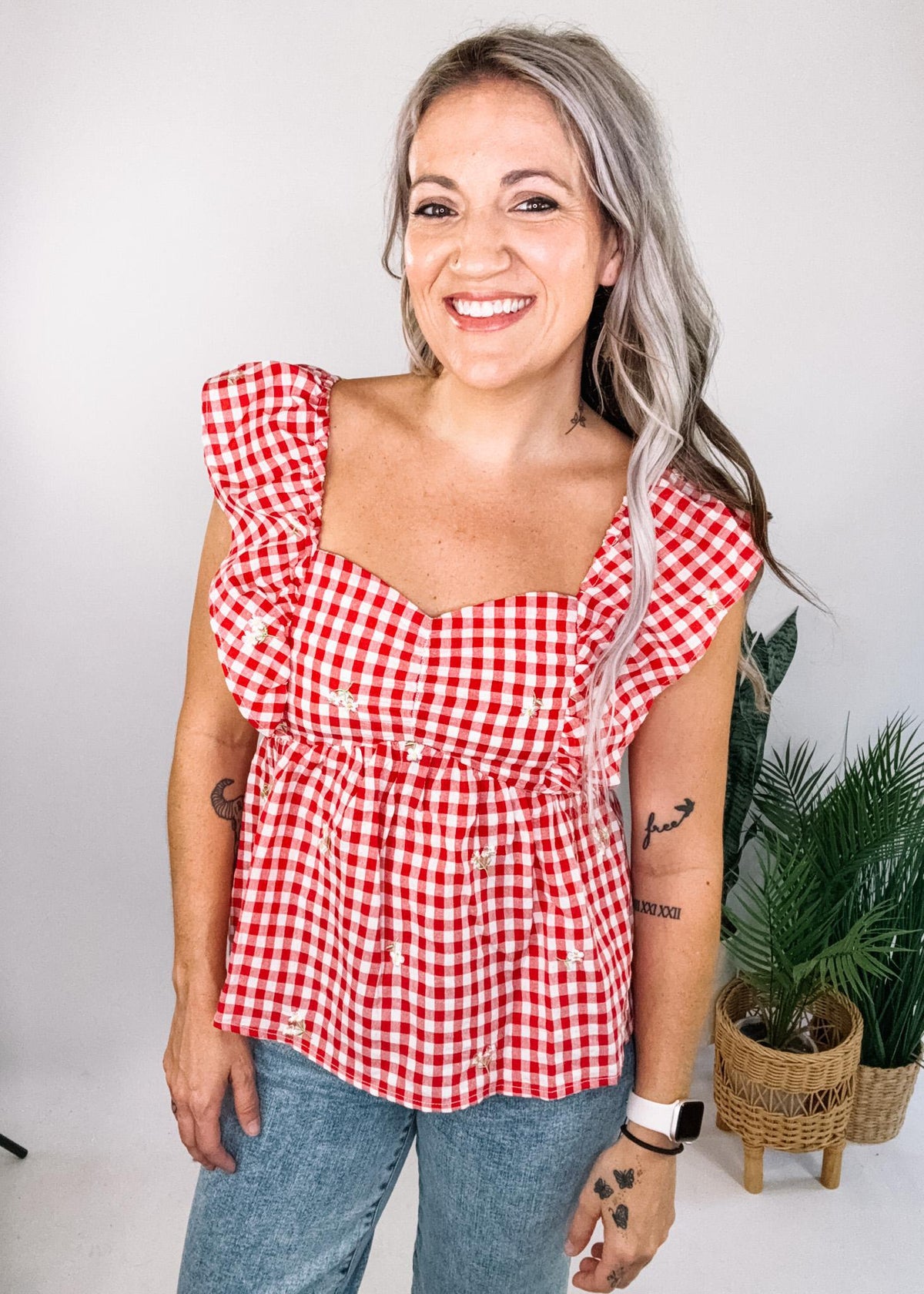 Red Gingham Babydoll with Embroidered Floral