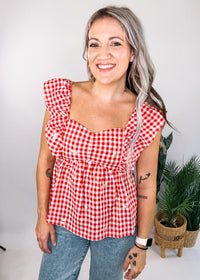 Red Gingham Babydoll with Embroidered Floral