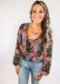 Black Orchid Print Scoop Blouse