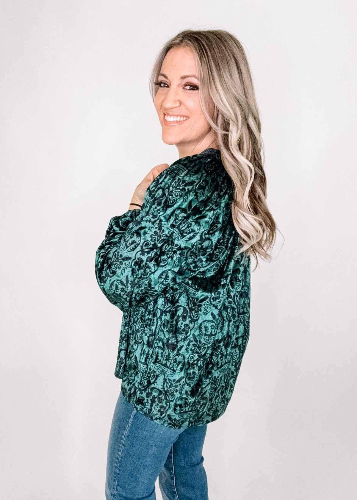 Green and Black Velvet Damask Top