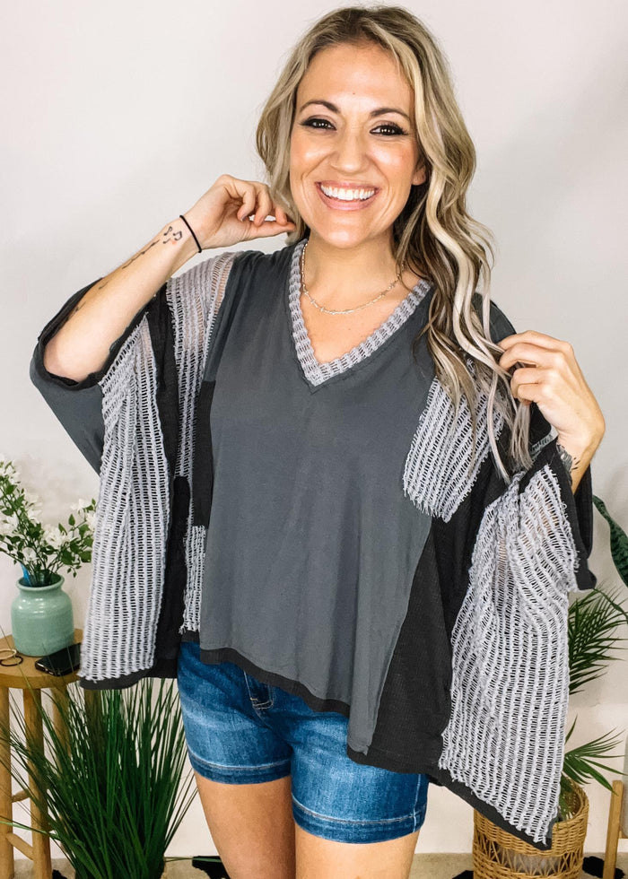 Charcoal Mixed Fabric Top