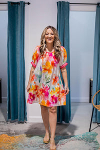 Pink Printed Puff Sleeve Dress