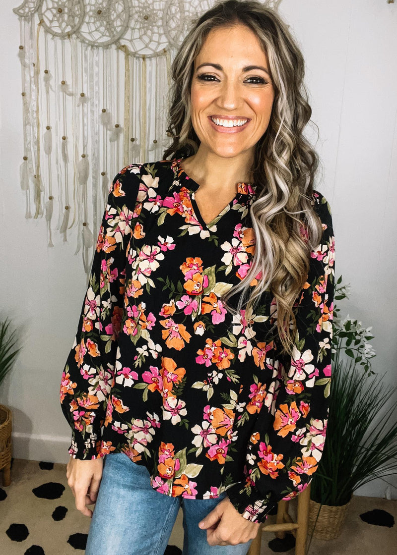 Pretty Pink and Black Floral Top with Ruffle Neck Hem