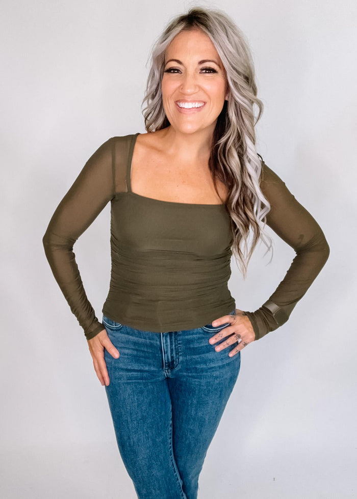 Olive Square Neck Top with Ruched Waist