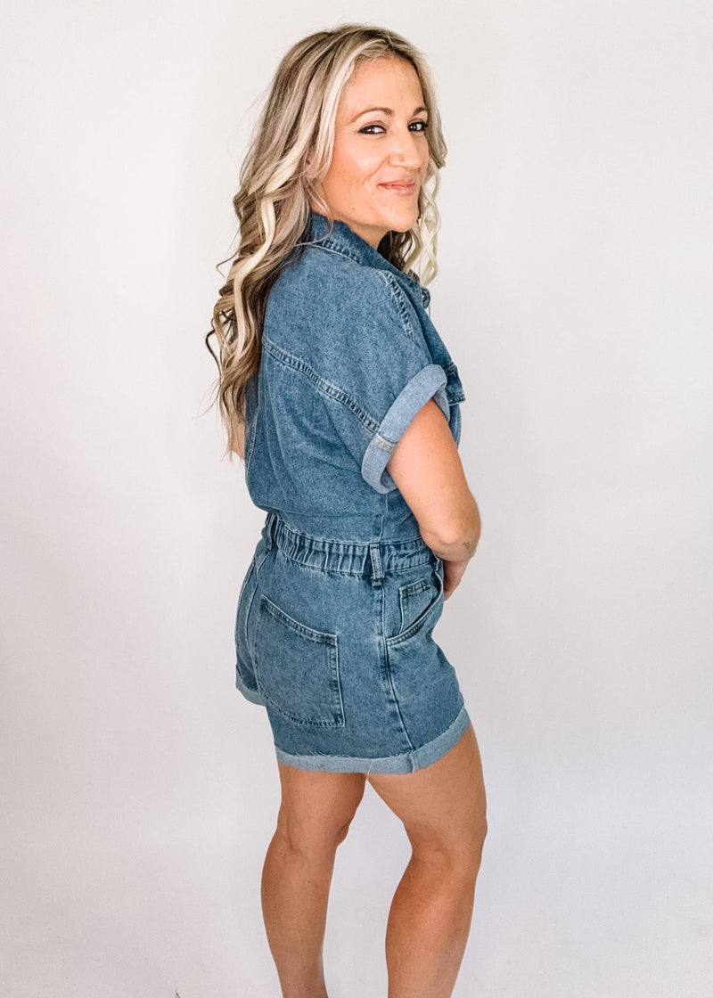 Denim Mineral Washed Button Down Romper