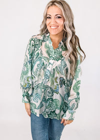 Spearmint Paisley Bubble Sleeve Top