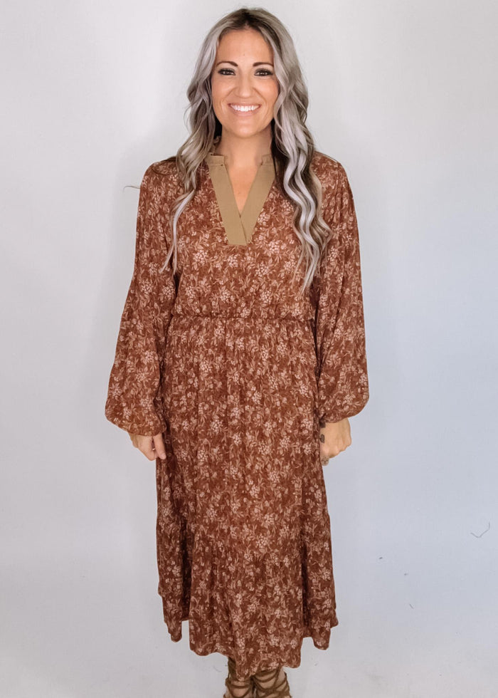 Taupe Trim Floral Midi Dress