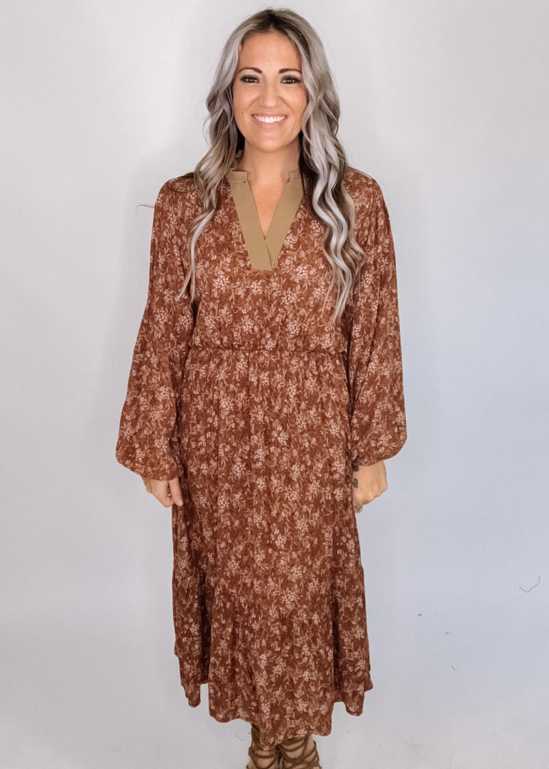 Taupe Trim Floral Midi Dress
