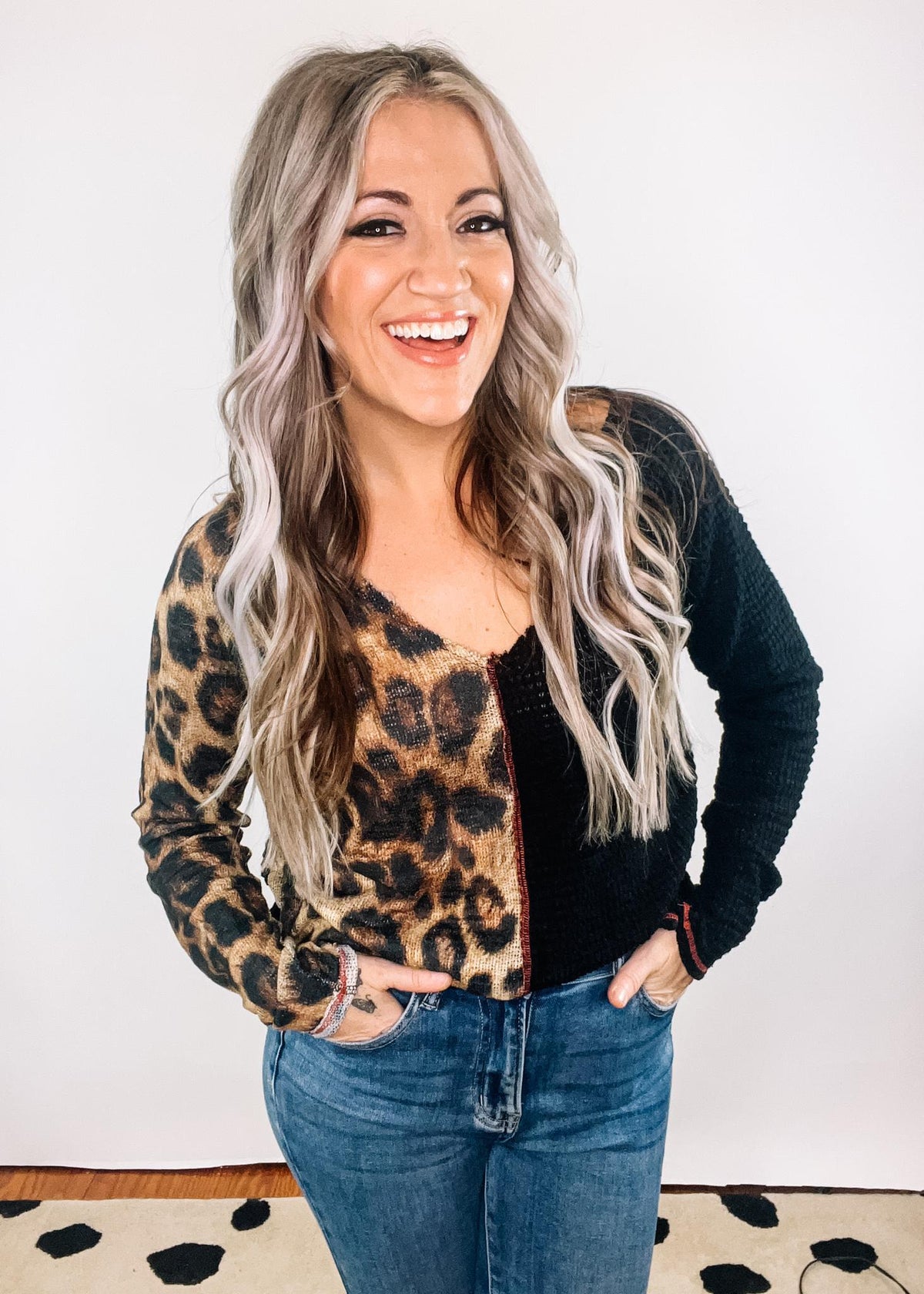 Leopard Waffle Popcorn Knit Top