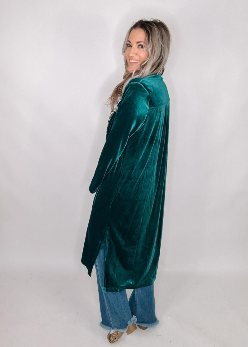 Teal Velvet Duster with Leopard Trim