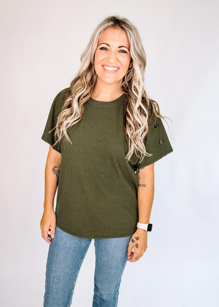 Olive Top with Button Sleeve Detail