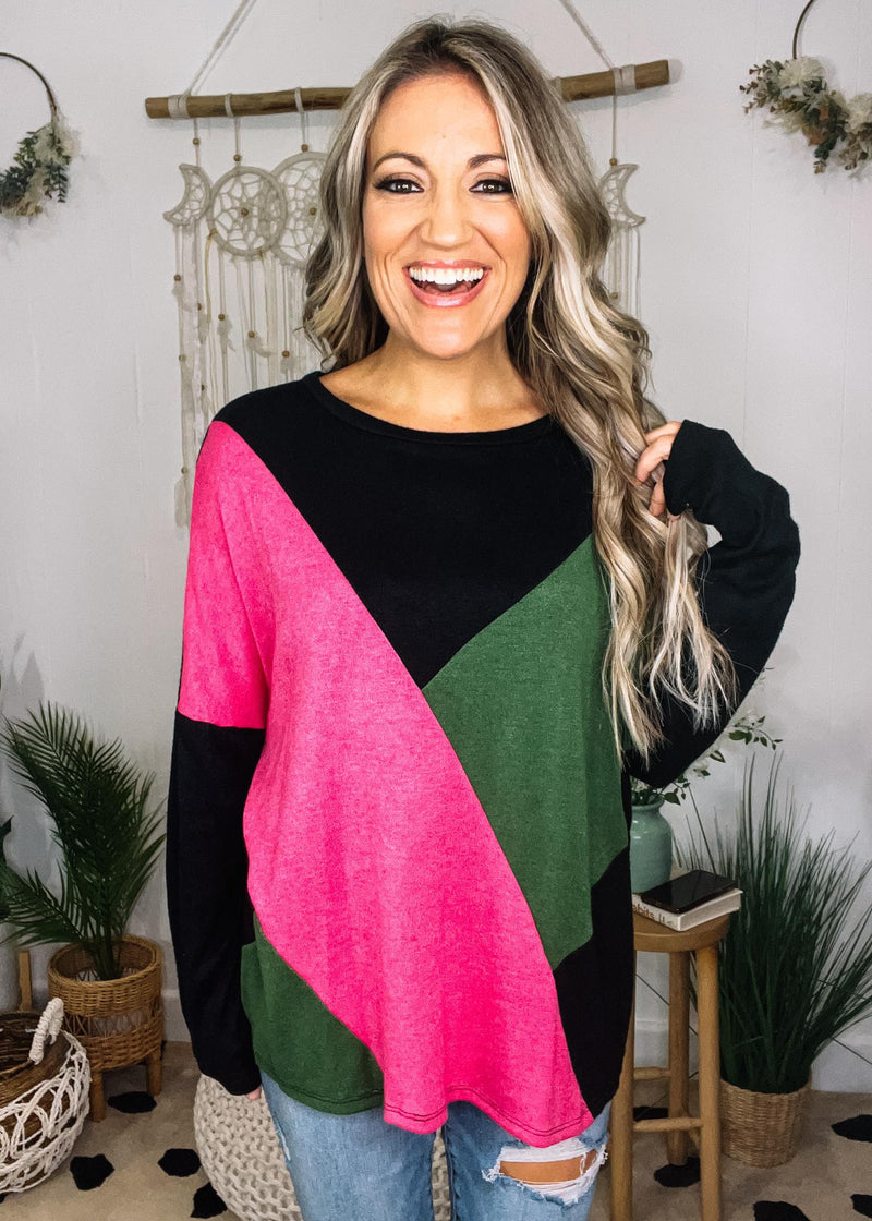 Black Pink Olive Colorblock Pullover