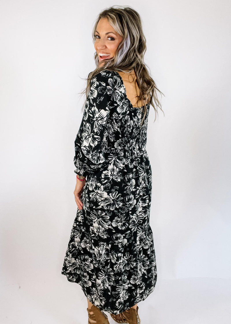 Kaila Black and White Floral Midi Dress