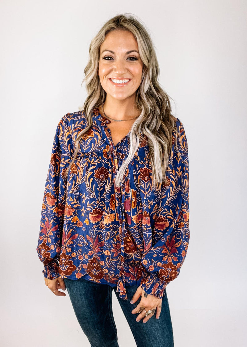 Navy and Amber Floral Blouse