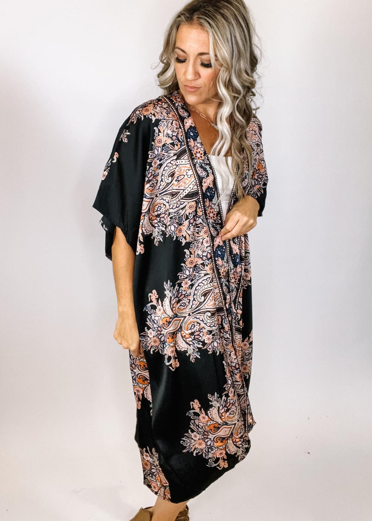 Satin Printed Trim Kimono