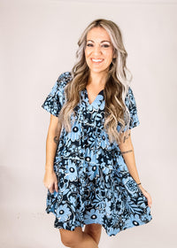 Sky and Navy Floral Babydoll Dress