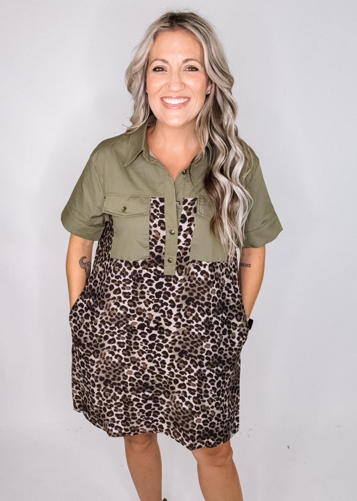 Olive Animal Print Color Block Mini Dress
