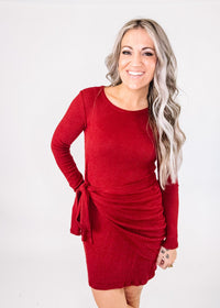 Burgundy Long Sleeve Wrap Tie Dress