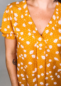 Mustard Floral Blouse with Front Pleat