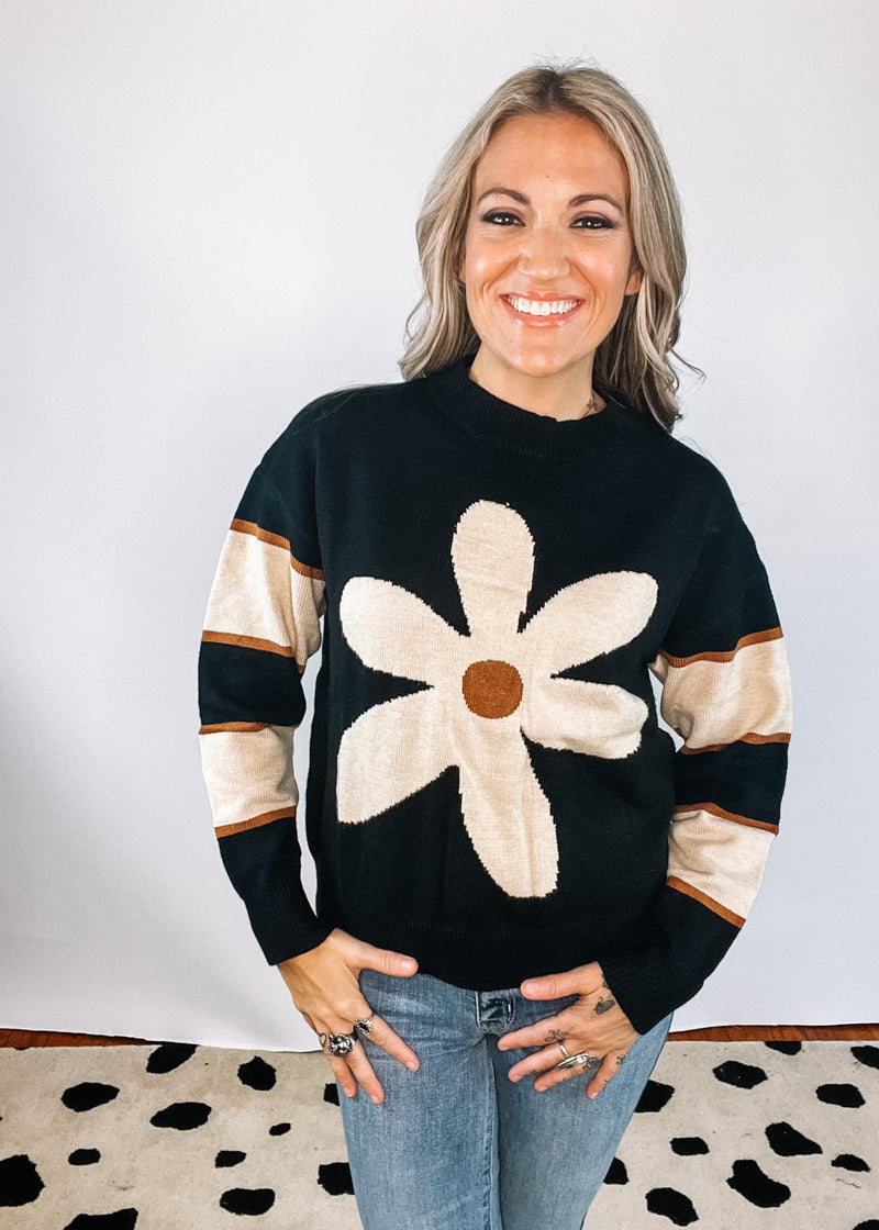 Black and White Stripe Knit With Flower