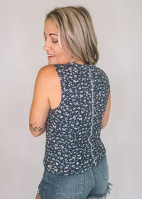 Blue floral ribbed tank top