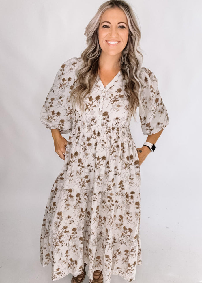 Cream and Taupe Floral Chiffon Maxi Dress