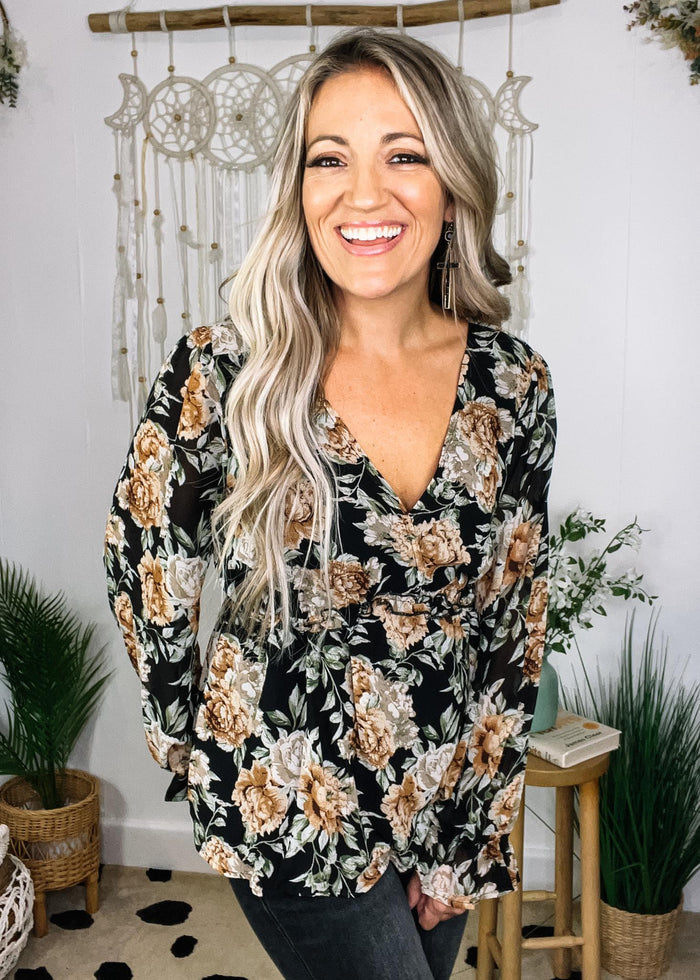 Black Floral Chiffon Peplum Top