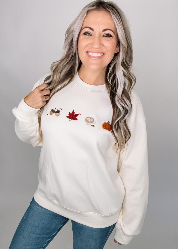 Cream Crew Neck Sweatshirt with Fall Icons