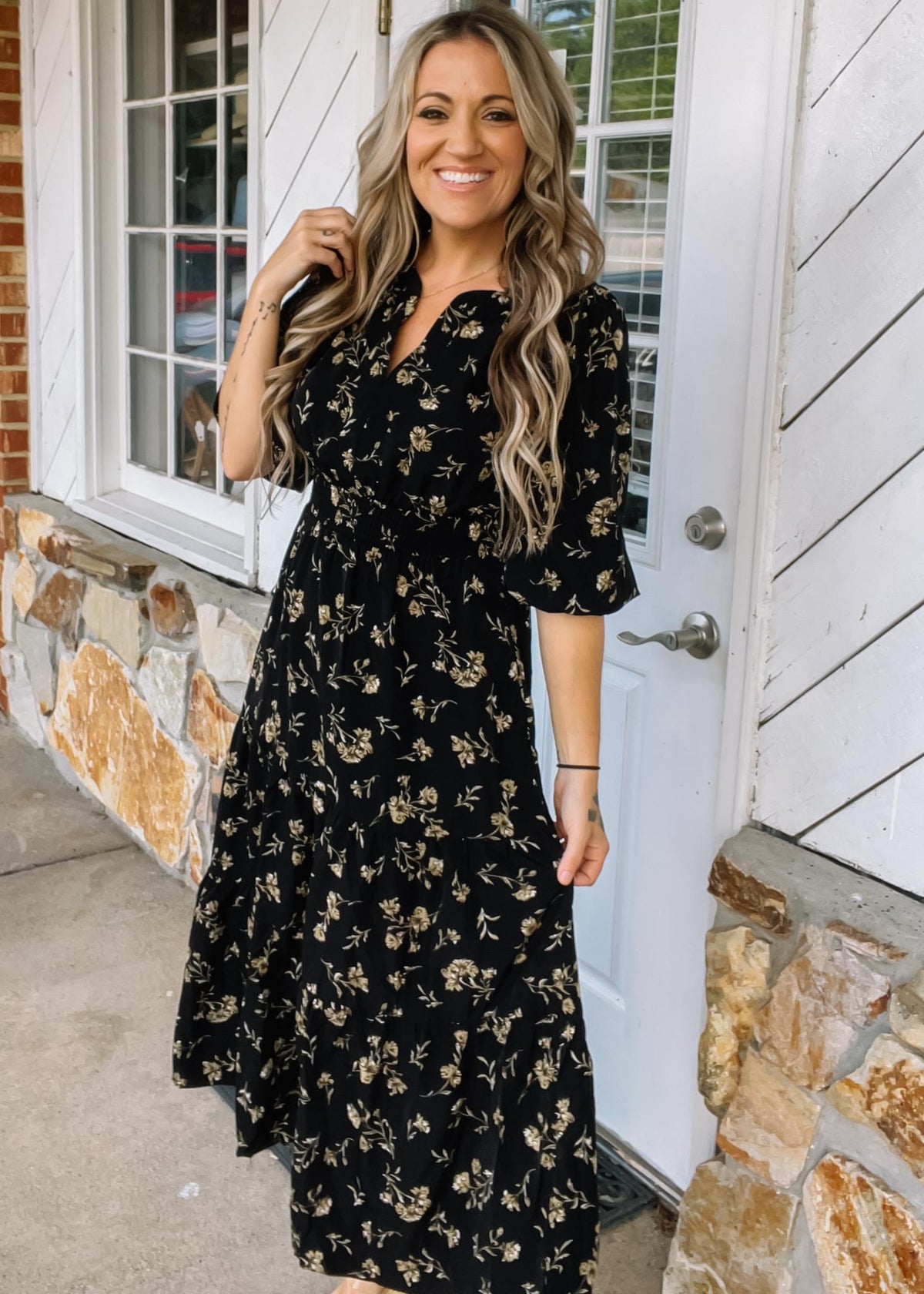 Black Floral 3/4 Sleeve Printed Maxi Dress
