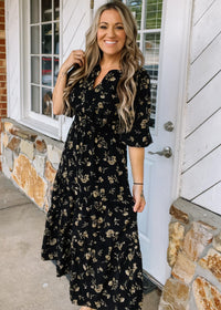 Black Floral 3/4 Sleeve Printed Maxi Dress