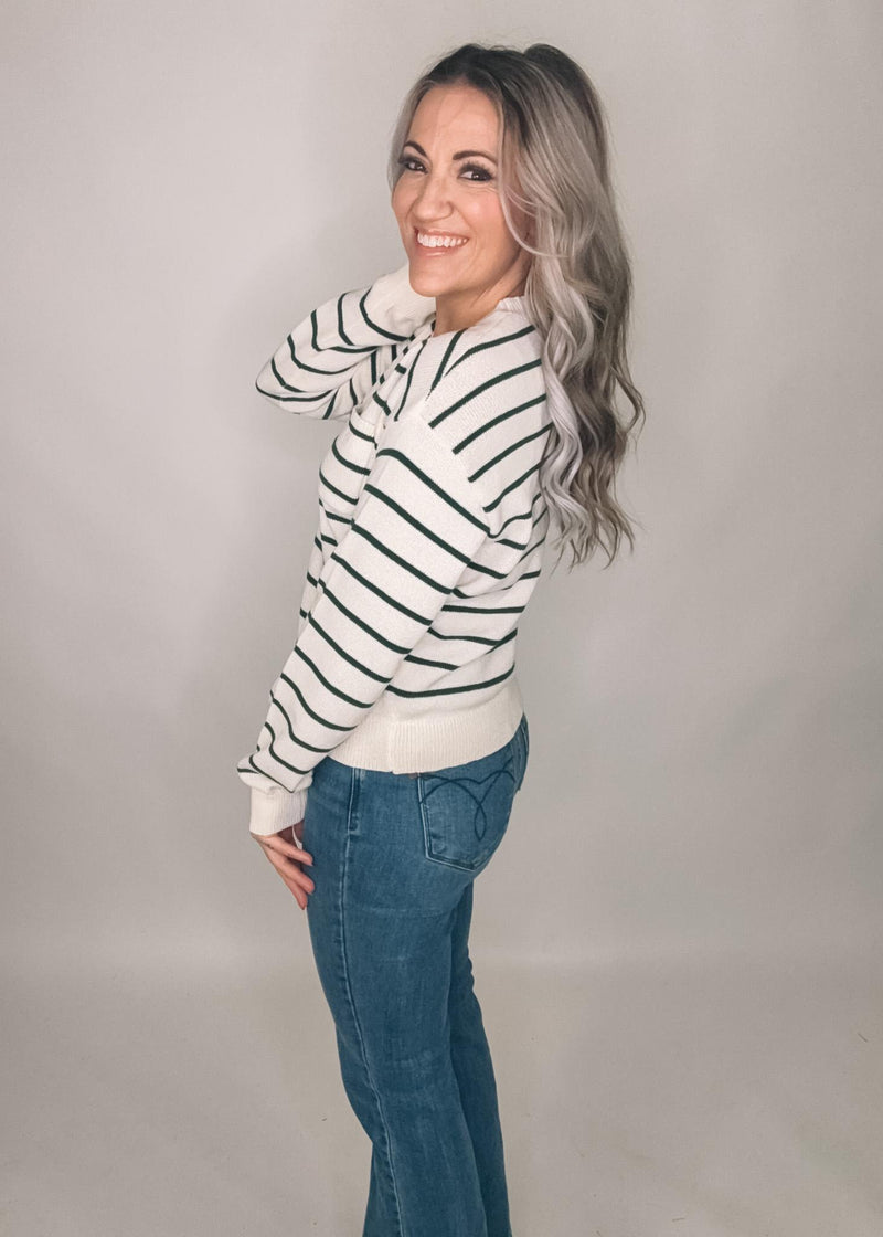 Cream Pocket Sweater with Green Stripes
