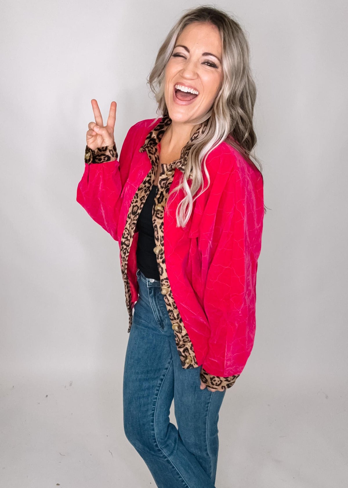 Hot Pink Faux Quilted Jacket with Leopard Print Trim