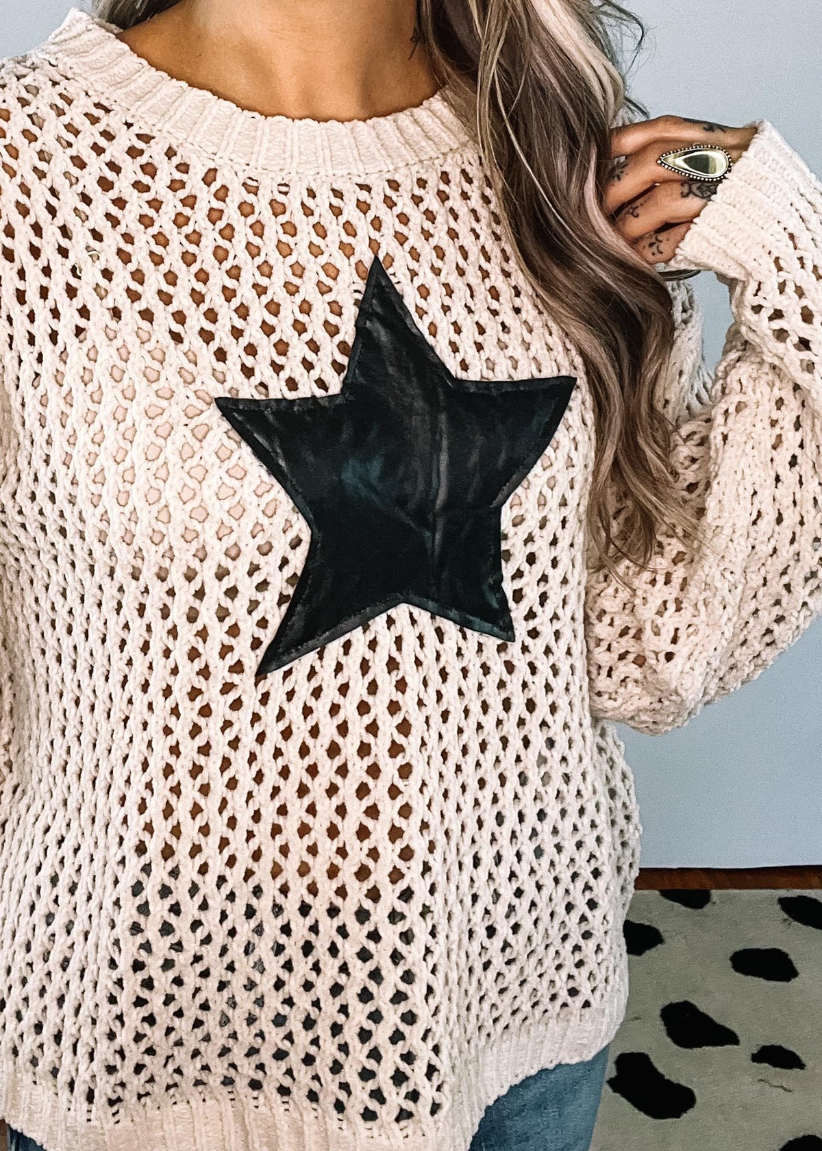 Oatmeal Crochet Knit Top with Faux Leather Star