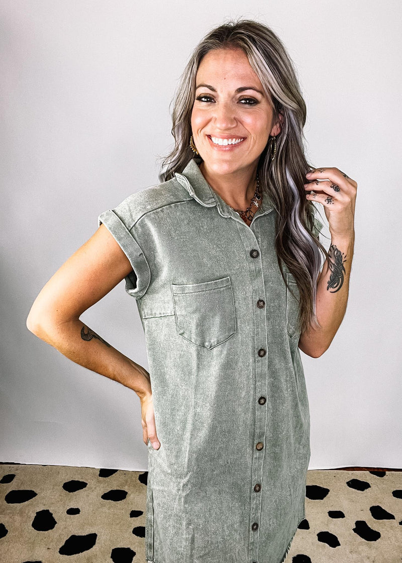 Olive Folded Cuff Button Down Denim Dress