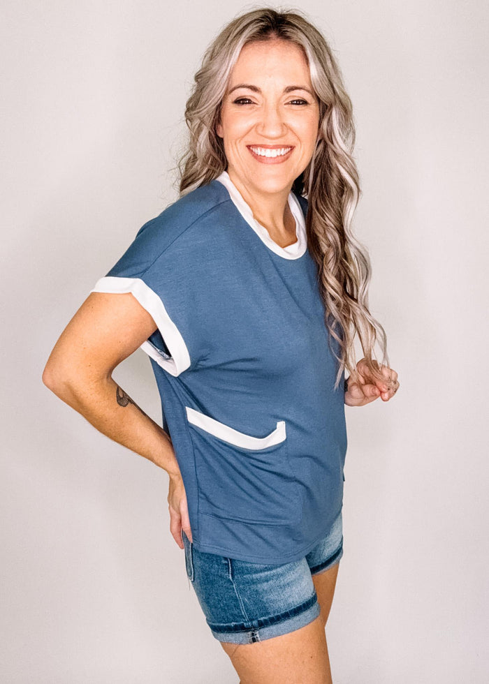 Vintage Blue Short Sleeve Top with White Trim