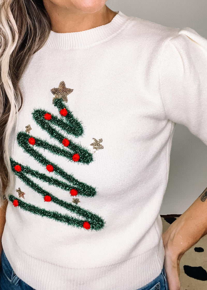 Cream Tinsel Tree Puff Sleeve Sweater