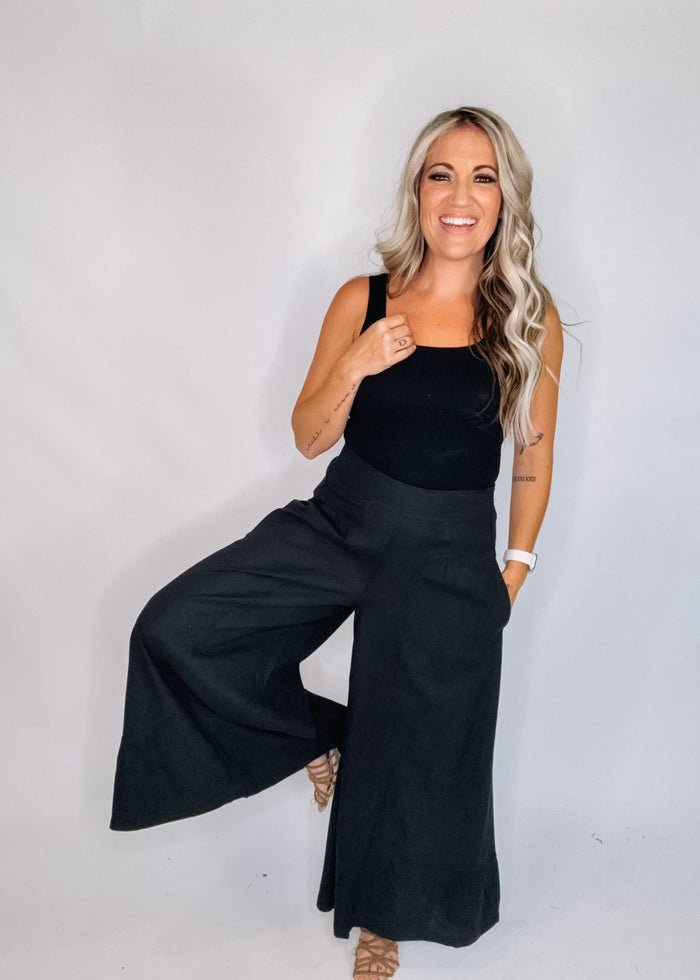 Risen Black Linen Pants with Shirring Detail