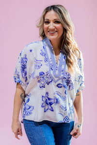 Blue Trim Printed Blouse