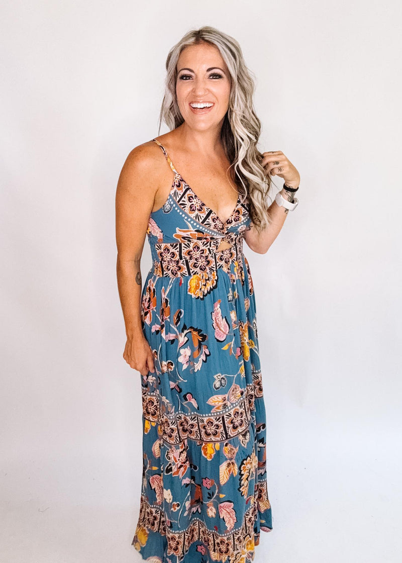 Blue Floral Twist Front Maxi