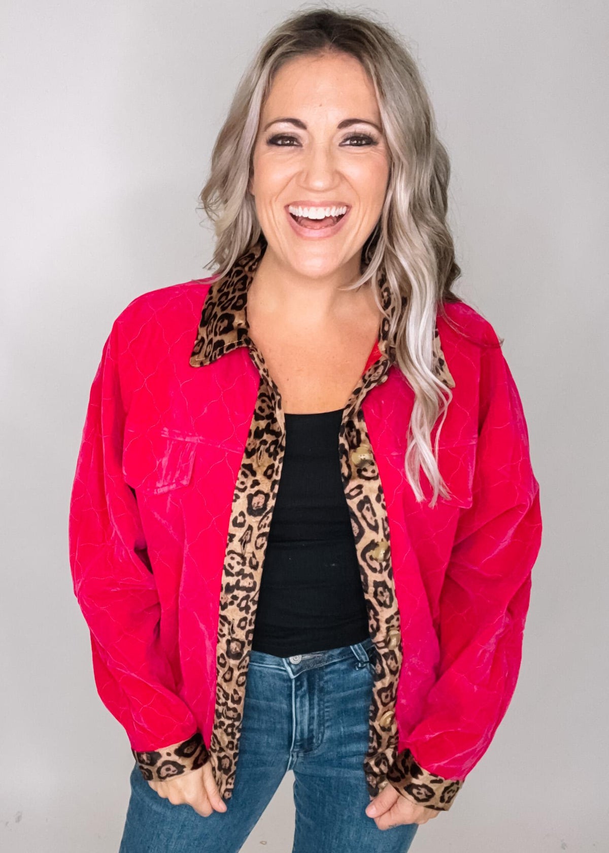 Hot Pink Faux Quilted Jacket with Leopard Print Trim