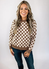 Mocha Checker Board Crew Neck