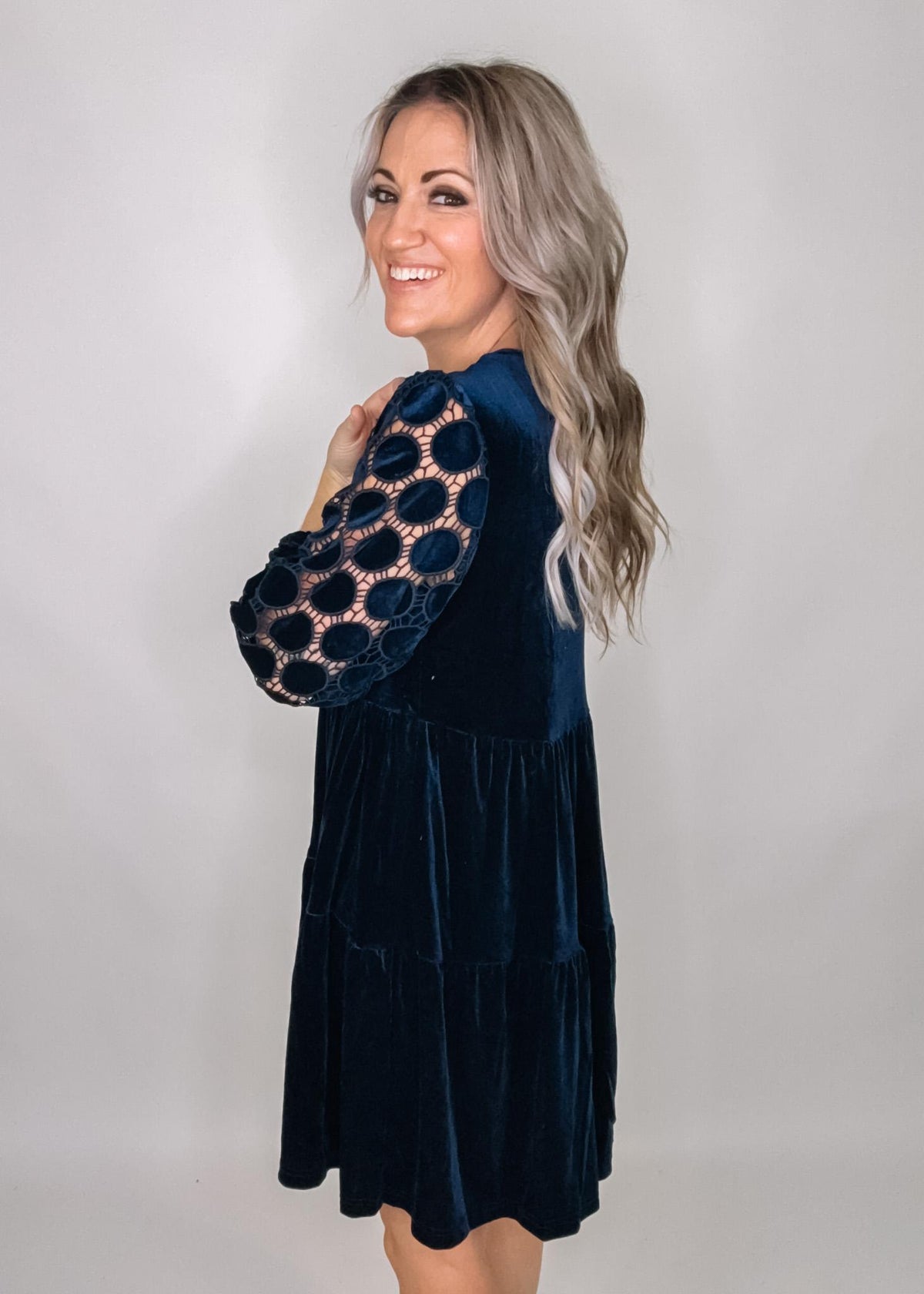 Navy Velvet Dress with Crochet Sleeves