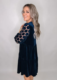 Navy Velvet Dress with Crochet Sleeves