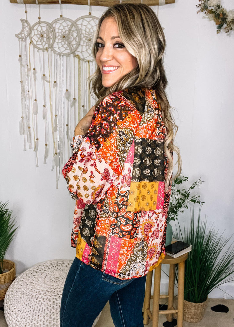 Rust Patchwork Print Chiffon Blouse